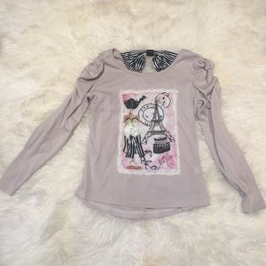 Cute long sleeve Paris printed + bow shirt